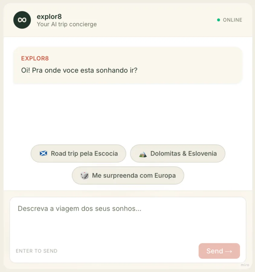 Preview of the explor8 chat with suggestion pills and a describe-your-trip input