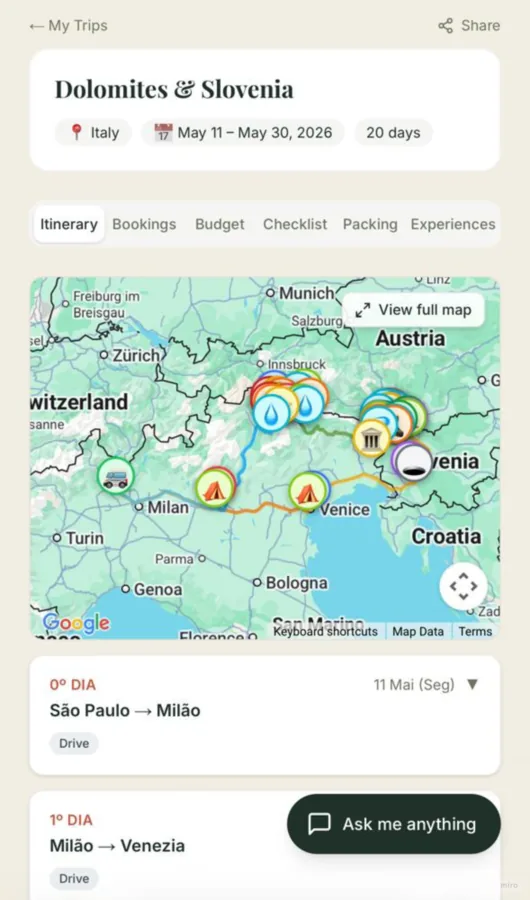 explor8 screen showing trip timeline with map, dates and per-day itinerary
