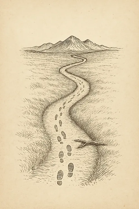 Hand-drawn illustration: a winding mountain road with footprints along the path — endless exploration
