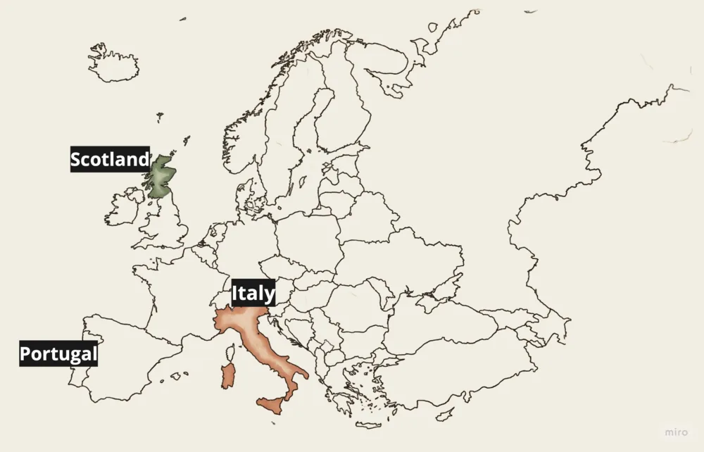 Hand-drawn map of Europe with pins on Italy, Scotland, and Portugal